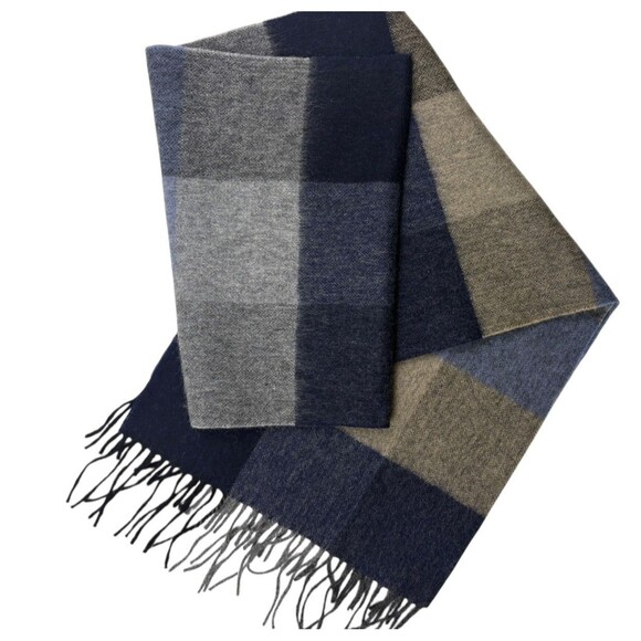 Via Condotti Roma 100% Virgin Wool Plaid Fringe Scarf Navy Blue Taupe Italy - Picture 1 of 8